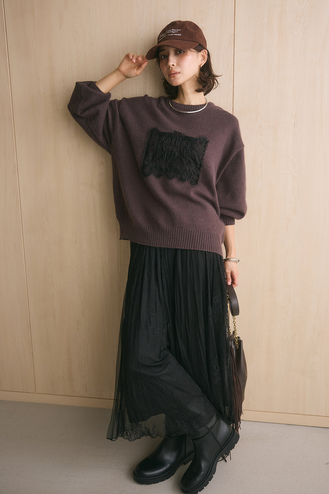 [SET]アルパカタッチ刺繍ロゴプルオーバー+エアリーシアーレースコンビスカート(2set)