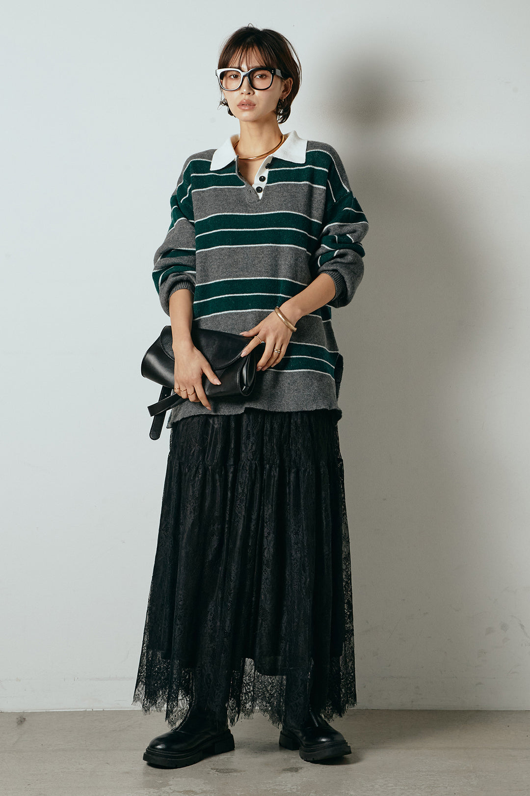 [SET]ラガーニットボーダーポロプルオーバー+ひげレース切替ロング丈スカート(2set)