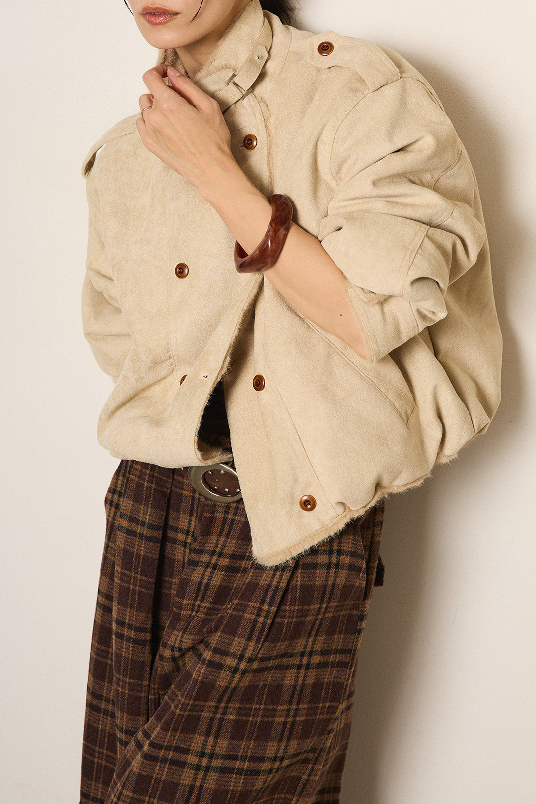 [SET]スタンド襟スウェードライクアウター+スタッズデザインベルトタータンチェックパンツ(2set)