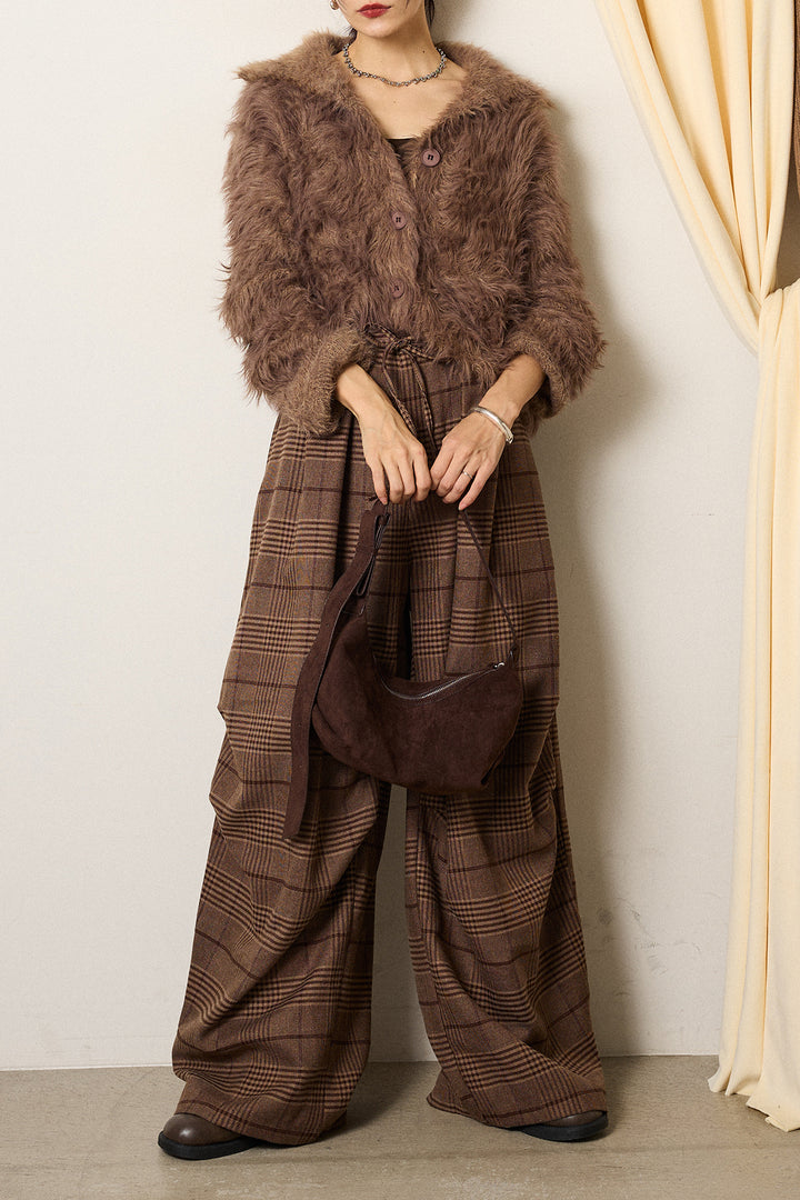 [SET]襟付きシャギーニットカーディガン+グレンチェックルーズタックパンツ(2set)