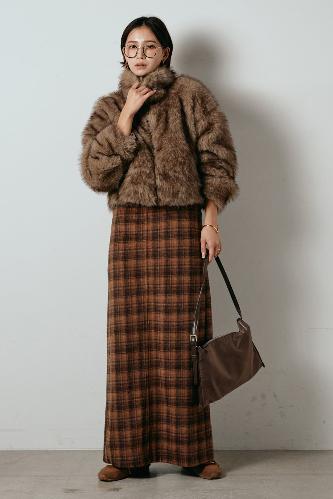 [SET]エコファーショート丈ブルゾン+シャギーチェックストレートスカート(2set)