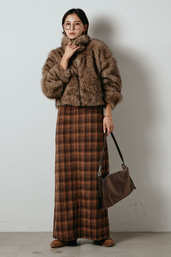 [SET]エコファーショート丈ブルゾン+シャギーチェックストレートスカート(2set)