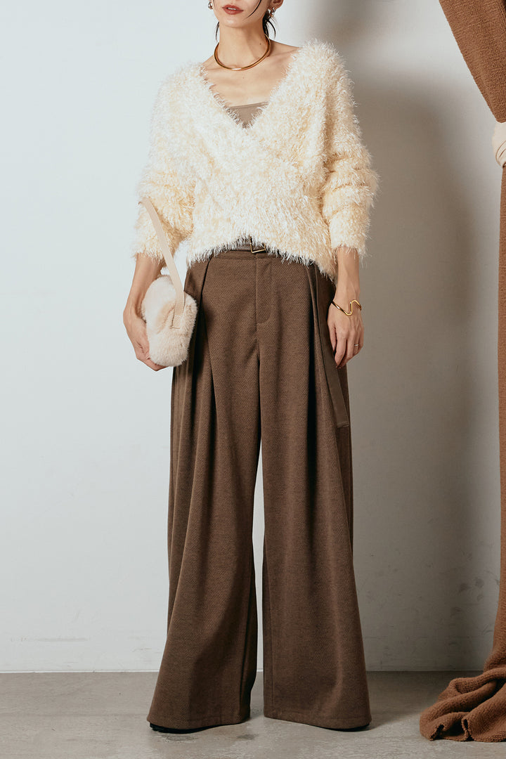 [SET]シャギークロスニットトップス+細ベルト付き起毛タックワイドパンツ(2set)