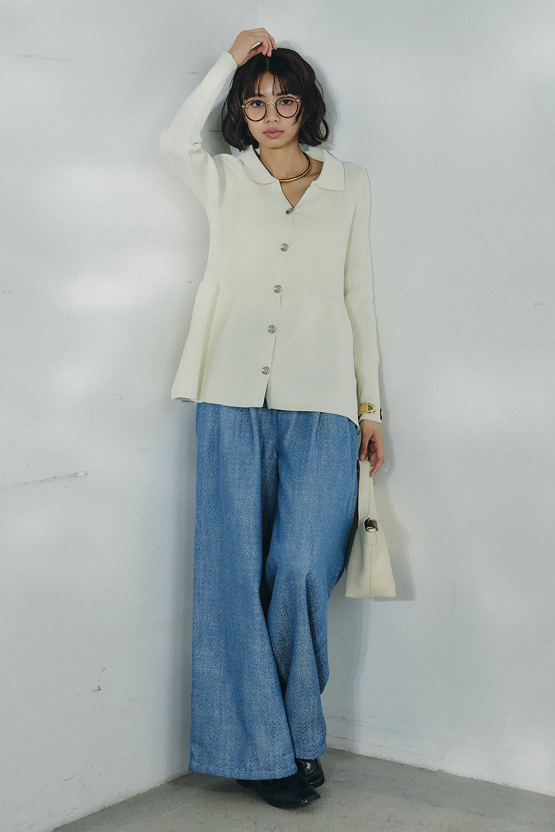 [SET]スキッパーペプラムニット+デニムライクヘリンボーンタックパンツ(2set)