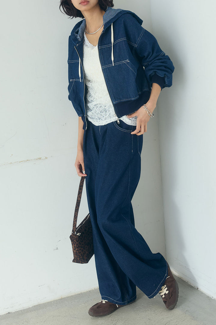 [SET]デニムダブルジップパーカーブルゾン+デニムタックカーブパンツ(2set)