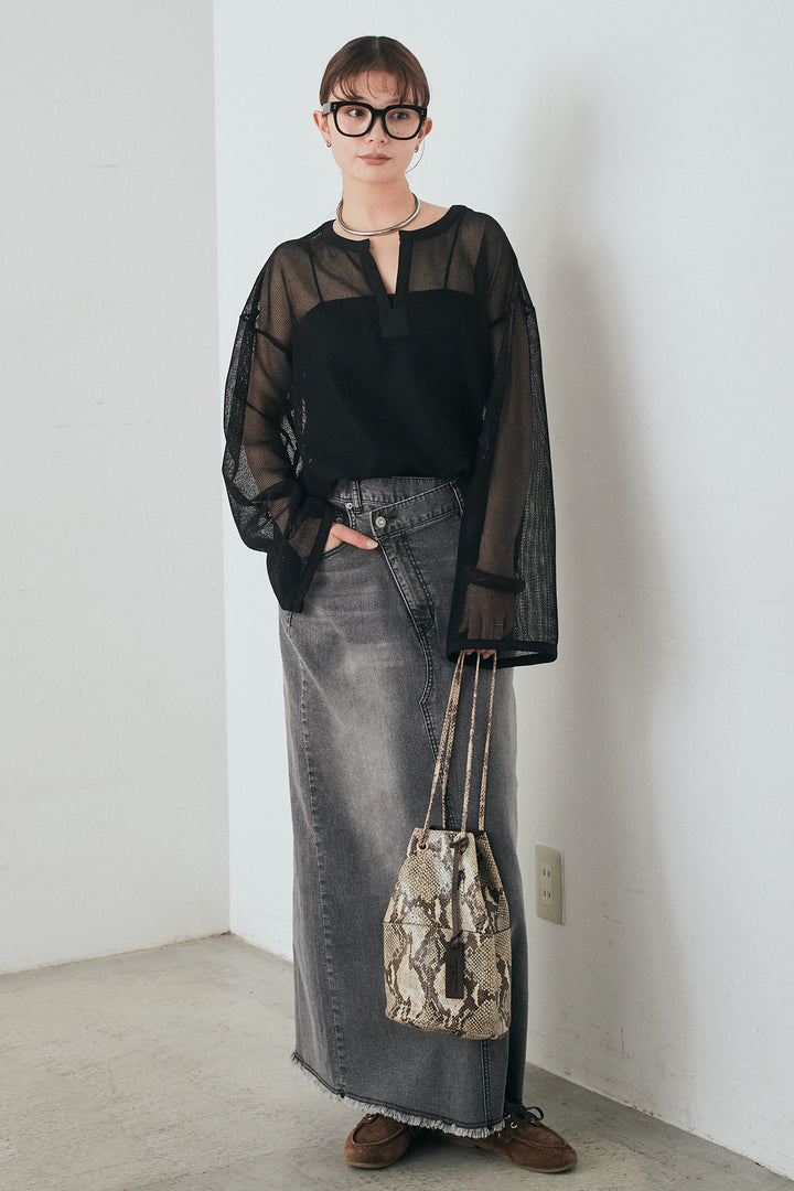 [SET]メッシュカットソースキッパープルオーバー+ウエストクロスデニムタイトスカート(2set)