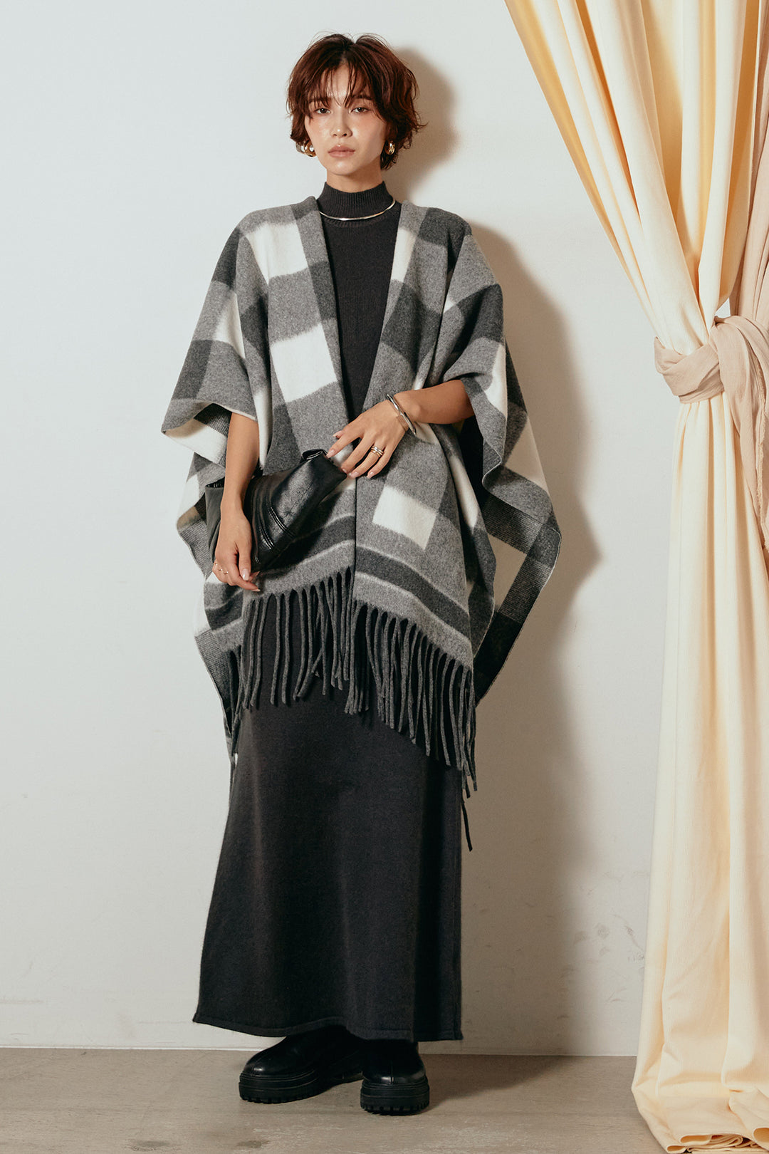 [SET]裾フリンジ柄ポンチョアウター+ノースリーブニットロングワンピース(2set)