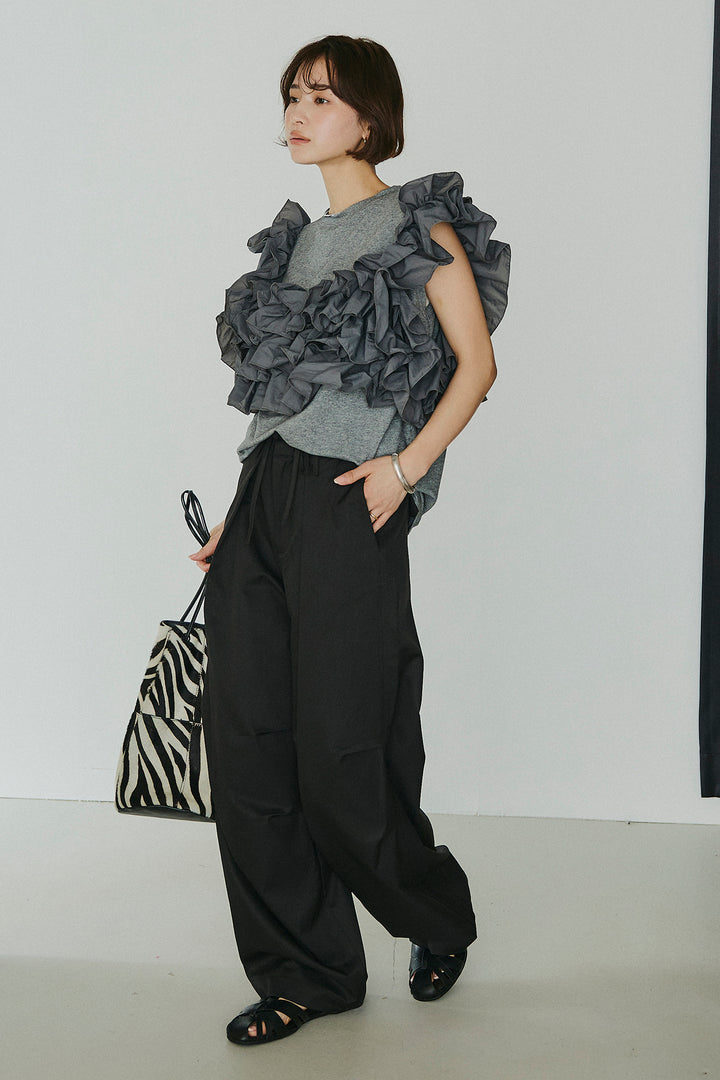 [SET]天竺ナイロンドッキングビスチェ風トップス+ニーサイドタックウエストドロスパンツ(2set)