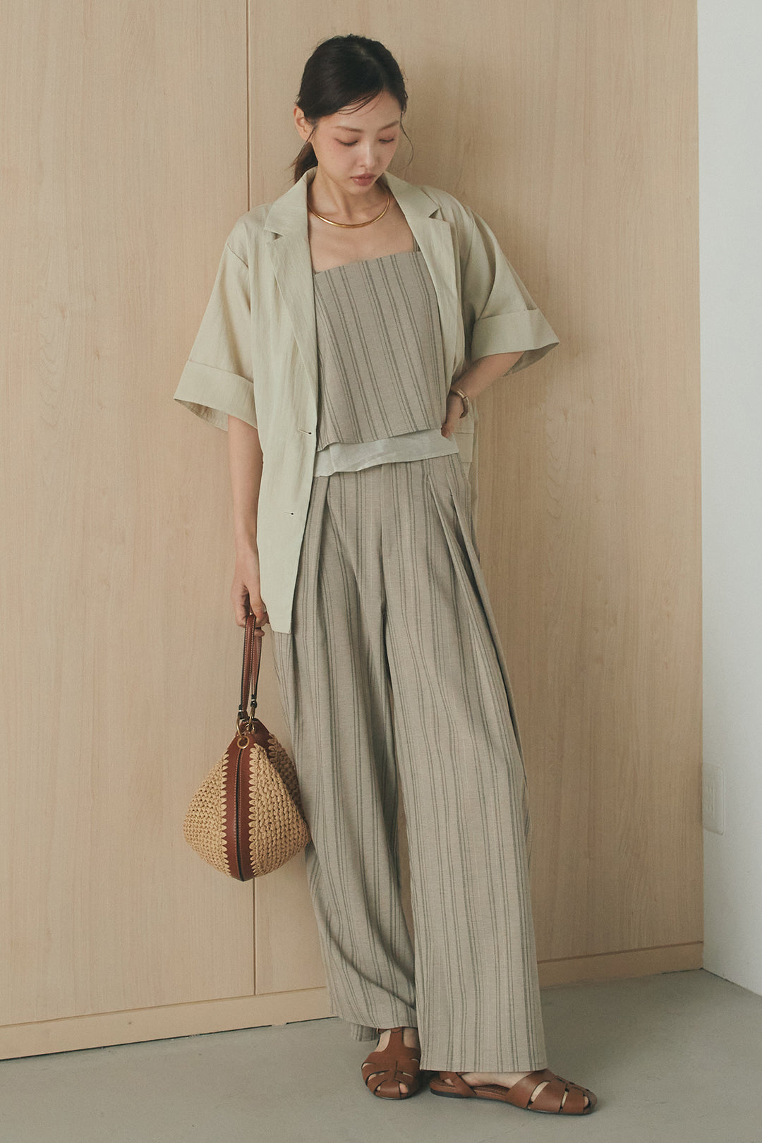 [SET]リネンストライプレイヤードキャミ+リネンストライプタックワイドパンツ(2set)