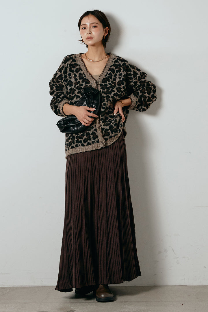 [SET]ステッチデザインレオパードニットカーディガン+リブニットフレアスカート(2set)