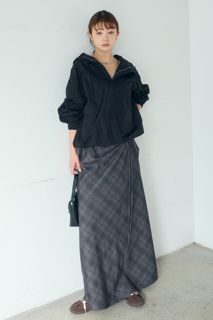 [SET]ナイロンフーディーブルゾンアウター+タータンチェック柄フロントデザインスカート(2set)