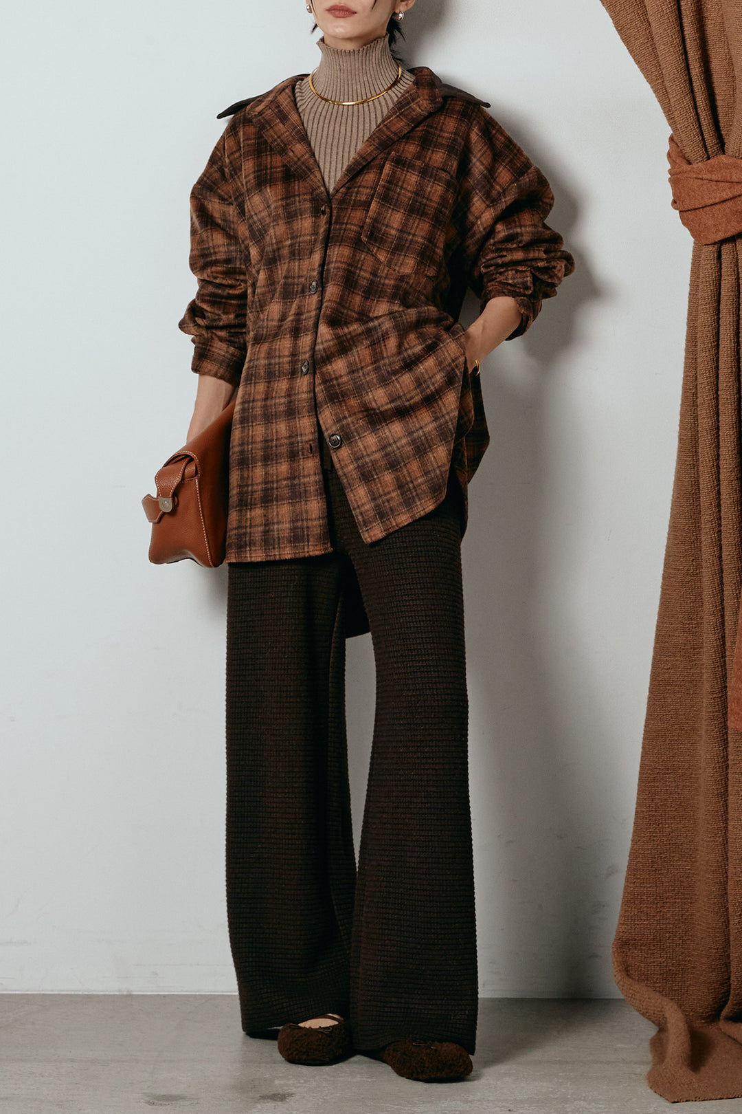 [SET]シャギーチェックシャツジャケット+ワイドリブニットイージーパンツ+リブニットシームレスタートルプルオーバー(3set)