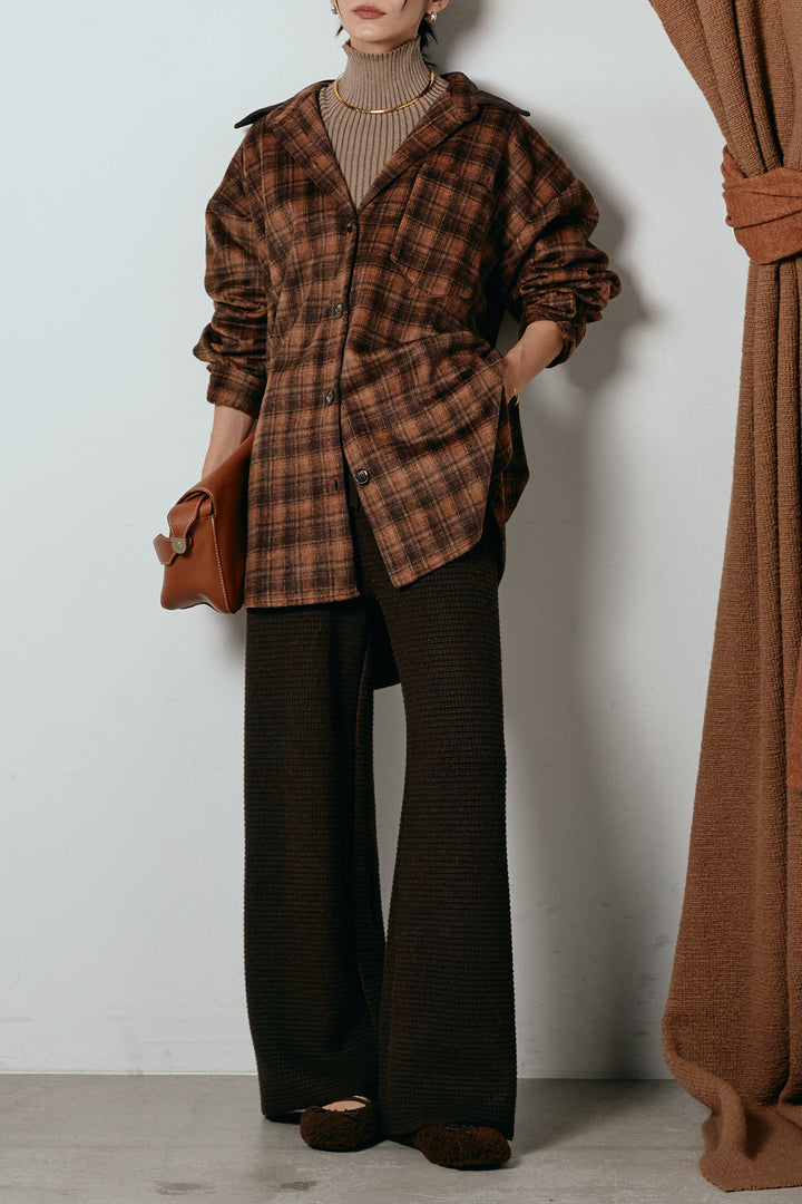 [SET]シャギーチェックシャツジャケット+ワイドリブニットイージーパンツ+リブニットシームレスタートルプルオーバー(3set)