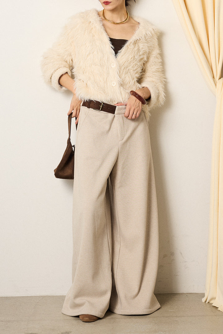 [SET]襟付きシャギーニットカーディガン+サイドベルトパンツ(2set)