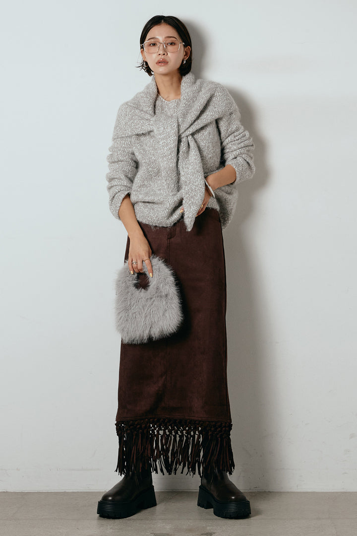 [SET]スカーフ付きミックスニットトップス+スウェードライク裾フリンジスカート(2set)