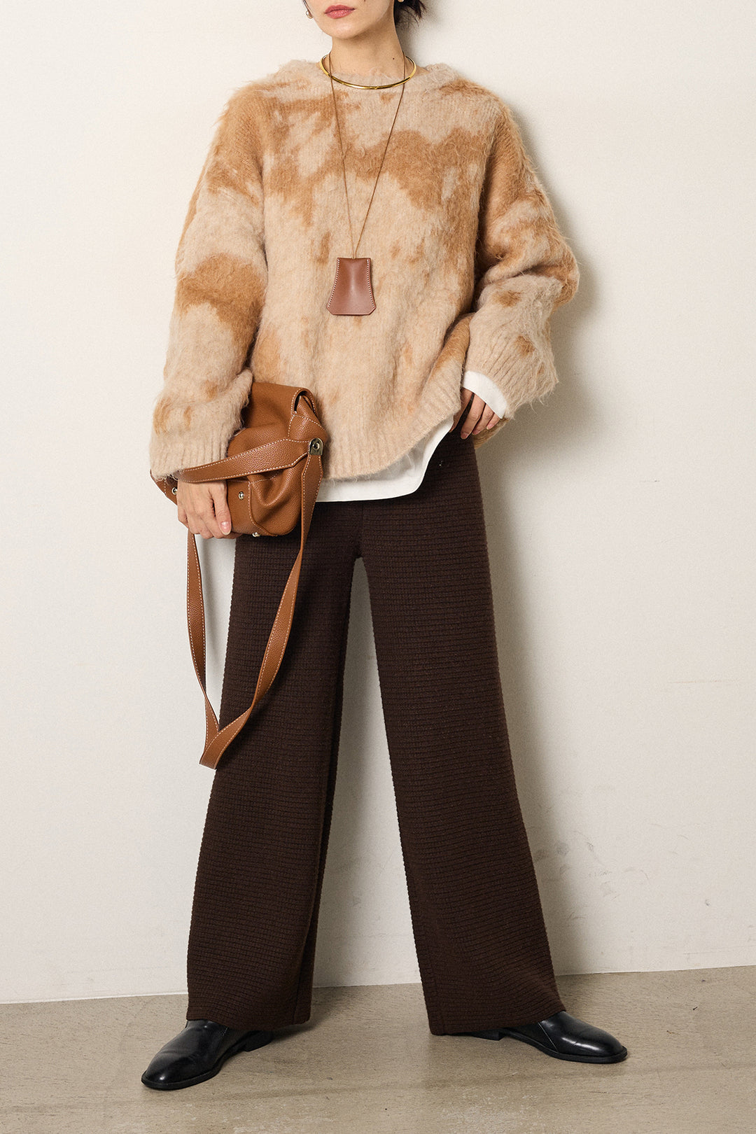 [SET]モヘアタッチマーブルニット+箔プリントBIGシルエットロングスリーブTシャツ+ワイドリブニットイージーパンツ(3set)