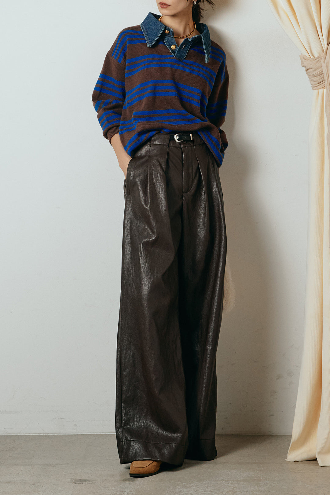 [SET]デニムレイヤード風ランダムボーダーニットプルオーバー+ベルト付きレザーライクタックパンツ(2set)