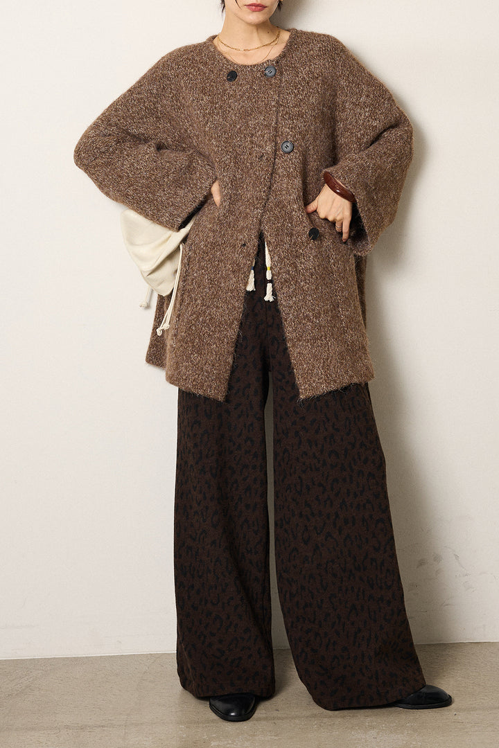 [SET]アシンメトリーボタンニットカーディガン+レオパードジャガードニットパンツ(2set)