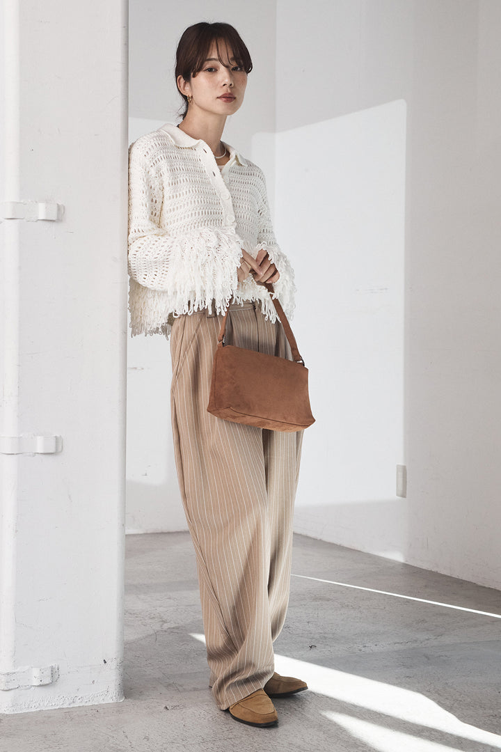 [SET]メッシュフリンジカーディガン+ヘリンボーンストライプツータックパンツ(2set)