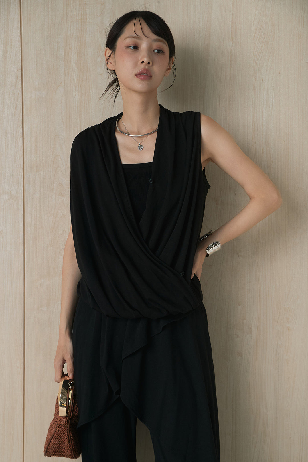 [SET]カシュクールドレープカットソー+スカート付きカットパンツ(2set)