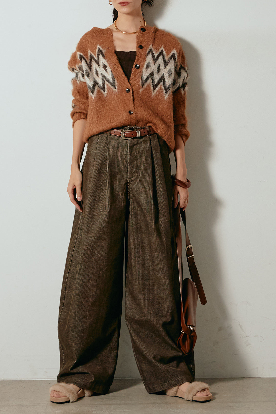 [SET]起毛ノルディック柄ニットカーディガン+フロントタック入りコーデュロイパンツ(2set)