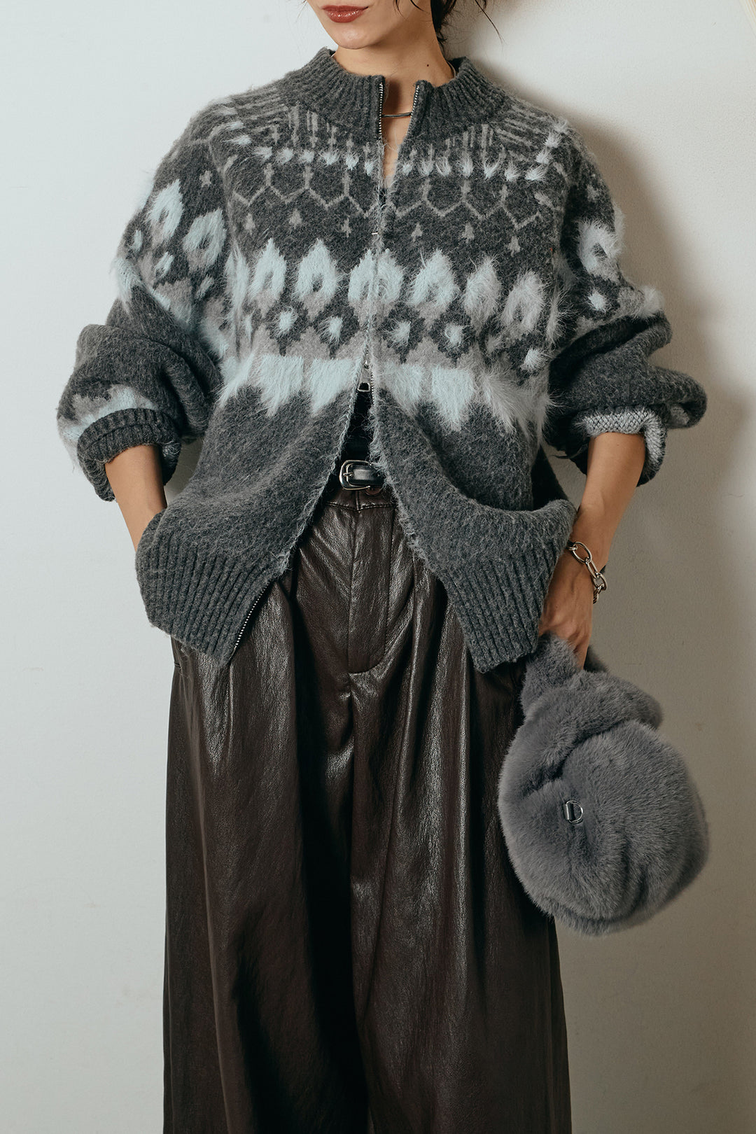 [SET]起毛ダブルジップパターンニットカーディガン+ベルト付きレザーライクタックパンツ(2set)