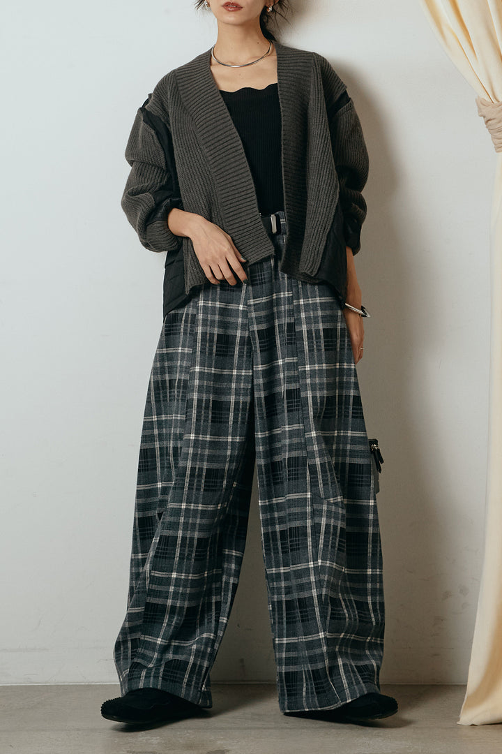 [SET]キルティング切り替えニットカーディガン+ベルト付きタータンチェックカーブワイドパンツ(2set)