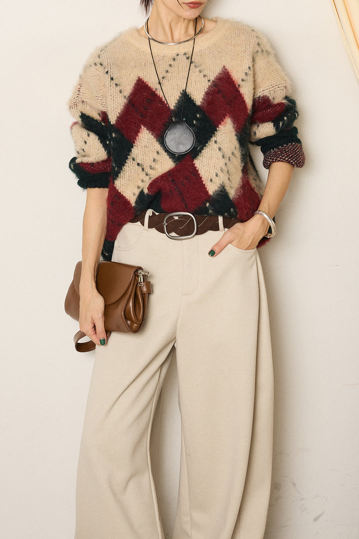 [SET]配色アーガイル柄ニットトップス+編みベルト付きワイドパンツ(2set)
