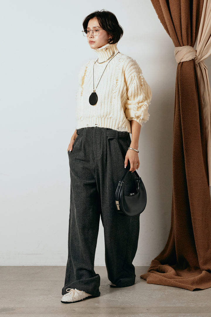 [SET]フリンジタートルショートニット+クラシックヘリンボーンサロペット(2set)