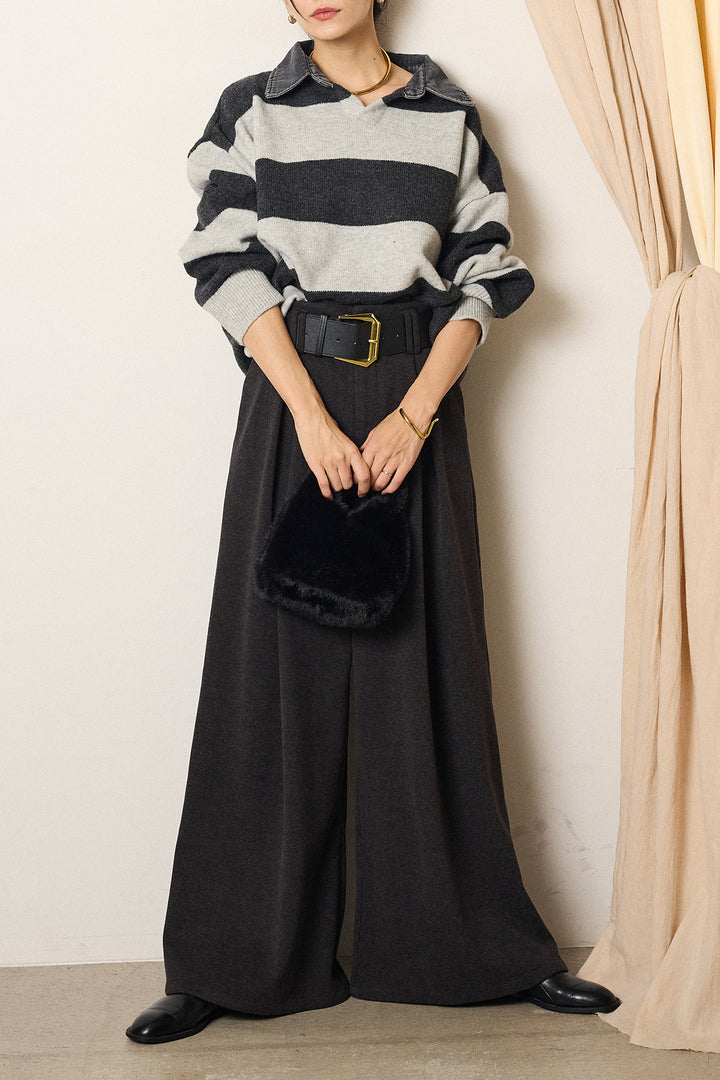 [SET]デニムカラーボーダールーズニット+ゴールドバックル太ベルト付きワイドパンツ(2set)