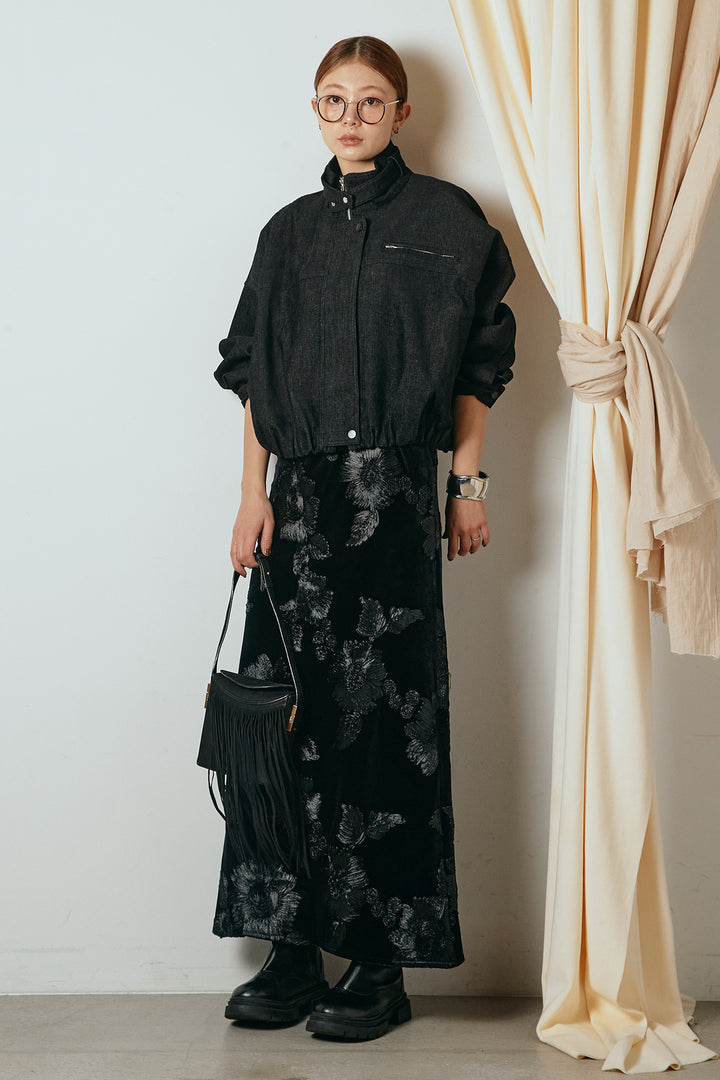 [SET]デニム調ハイネックブルゾン+フラワー刺繍ワイドスカート(2set)