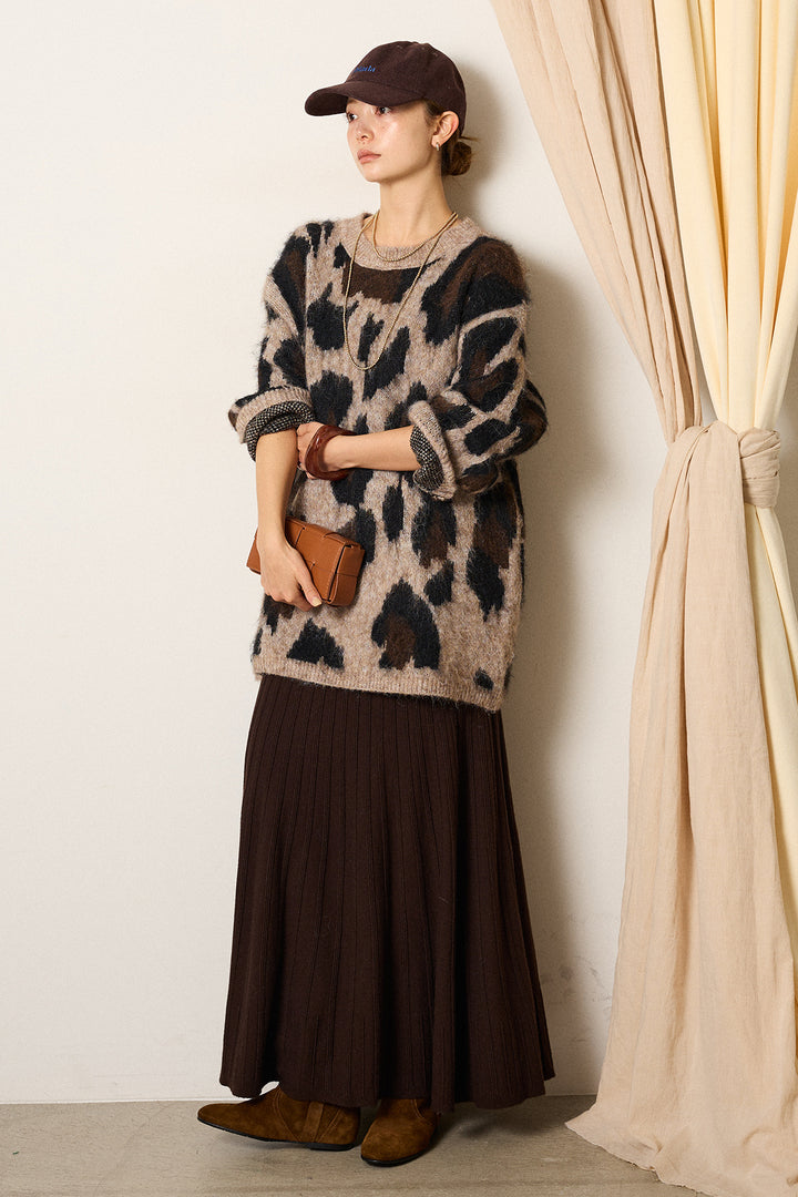 [SET]ルーズアニマルモヘアニットトップス+編み地切り替えフレアニットスカート(2set)