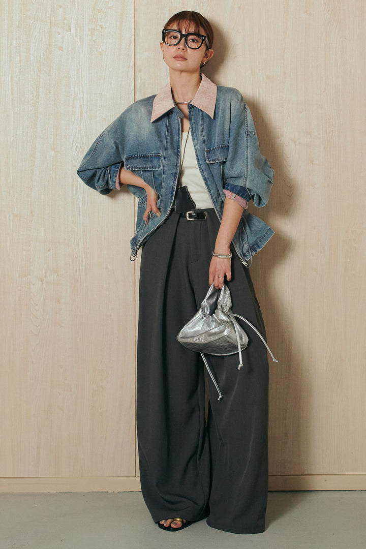 [SET]襟付き配色デニムブルゾン+ビックベルトループタックベルト付きワイドパンツ(2set)