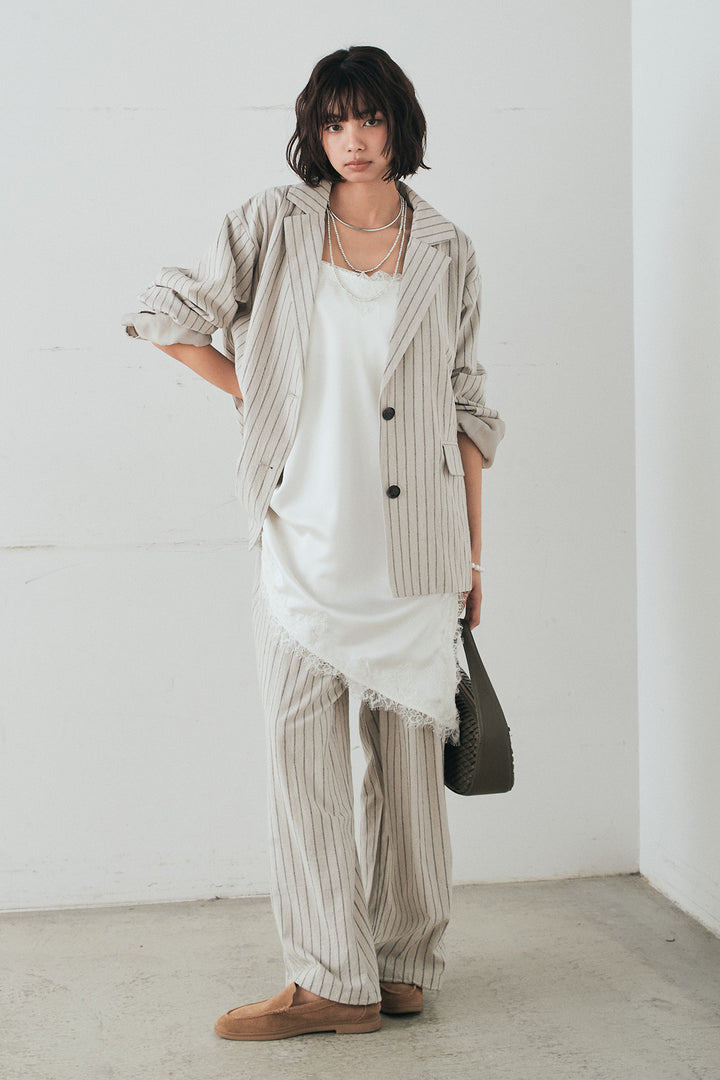 [SET]リネンライクストライプテーラードジャケット+リネンライクストライプタックイージーパンツ+サテンレースアシメキャミ(3set)