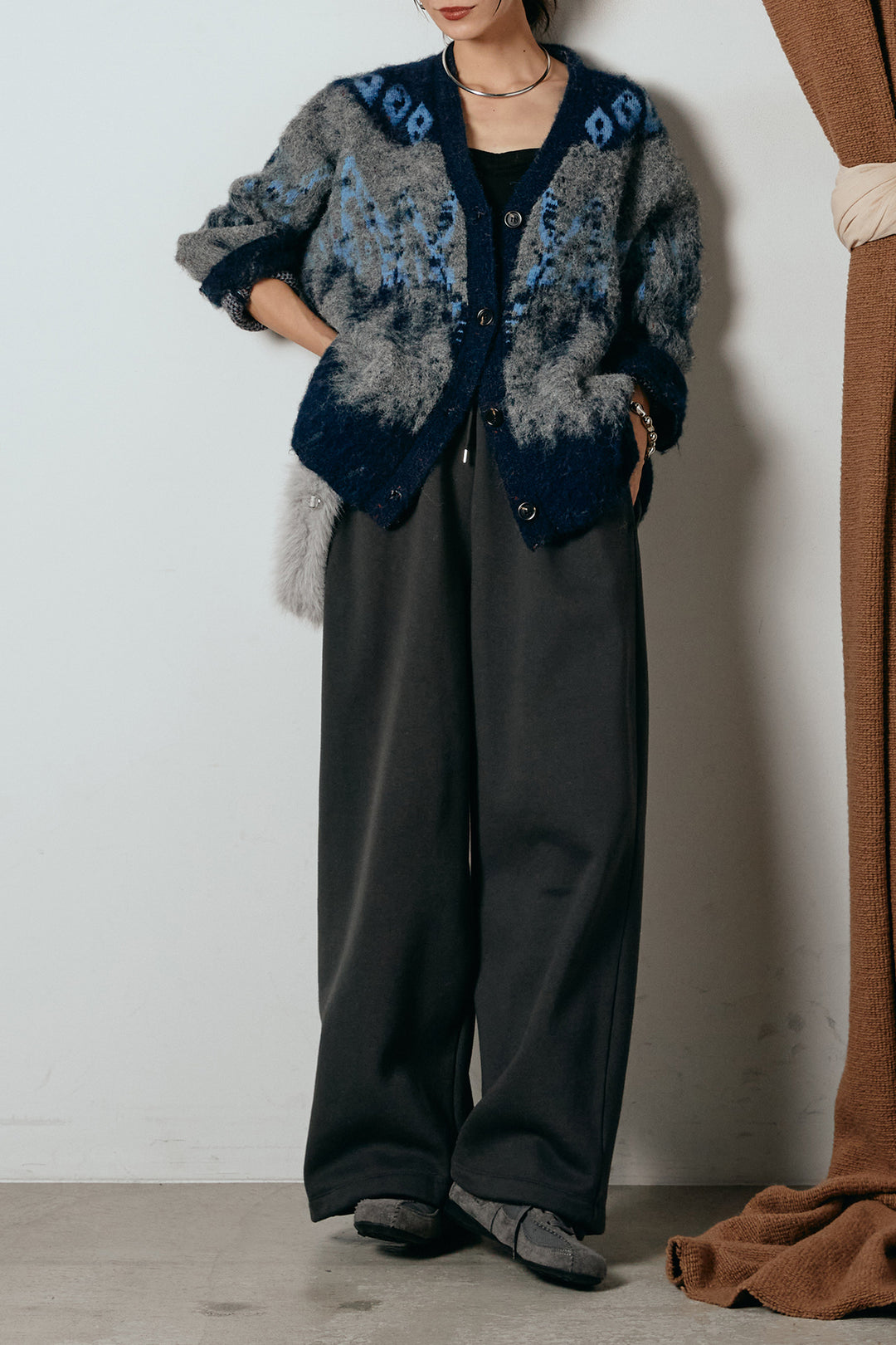 [SET]シャギーニュアンス柄ニットカーディガン+裏起毛スウェットワイドパンツ(2set)