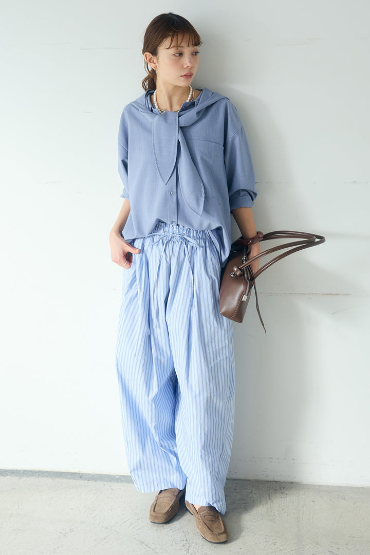 [SET]無地タイ付フーディーBIGシャツ+ランダムストライプタックギャザーパンツ(2set)