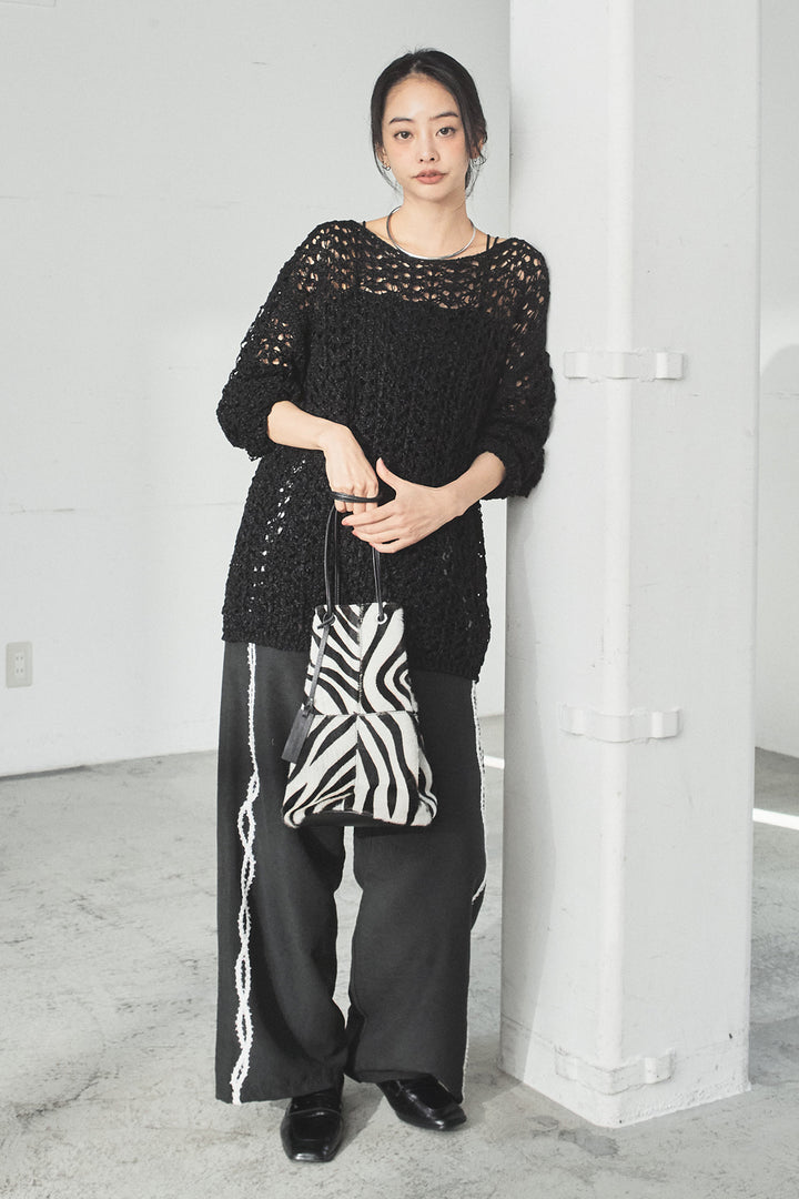 [SET]リラックスメッシュニットトップス+刺繡テープラインパンツ(2set)