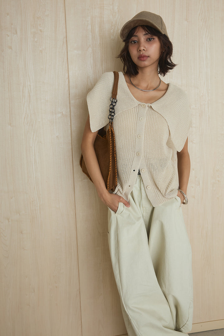 [SET]ビッグカラーボタンニットトップス+ベルト付きカラーデニムパンツ(2set)