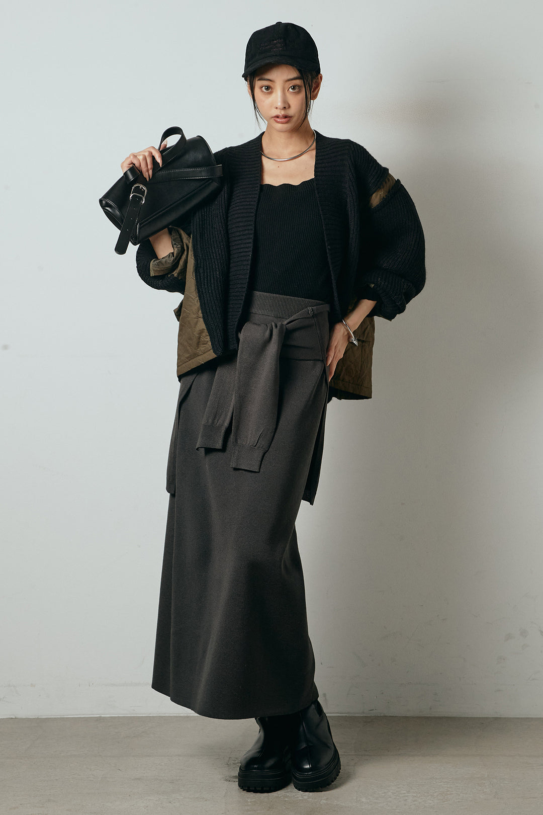 [SET]キルティング切り替えニットカーディガン+ウエストラップ巻きニットスカート(2set)