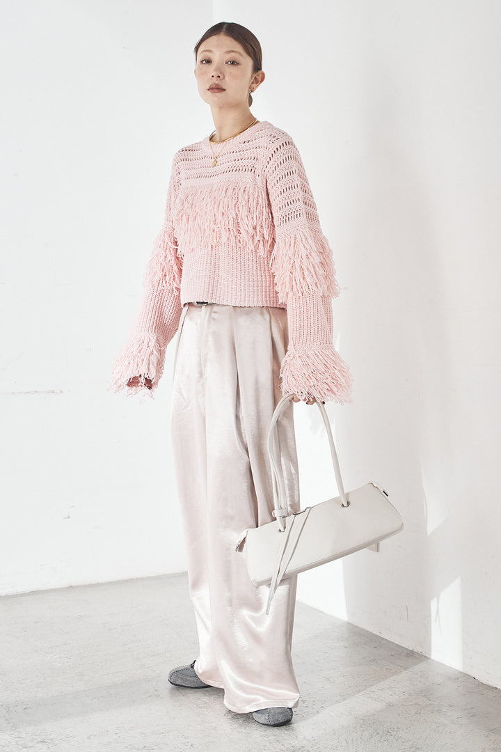 [SET]メッシュフリンジ切り替えプルオーバー+サテンタックワイドパンツ(2set)