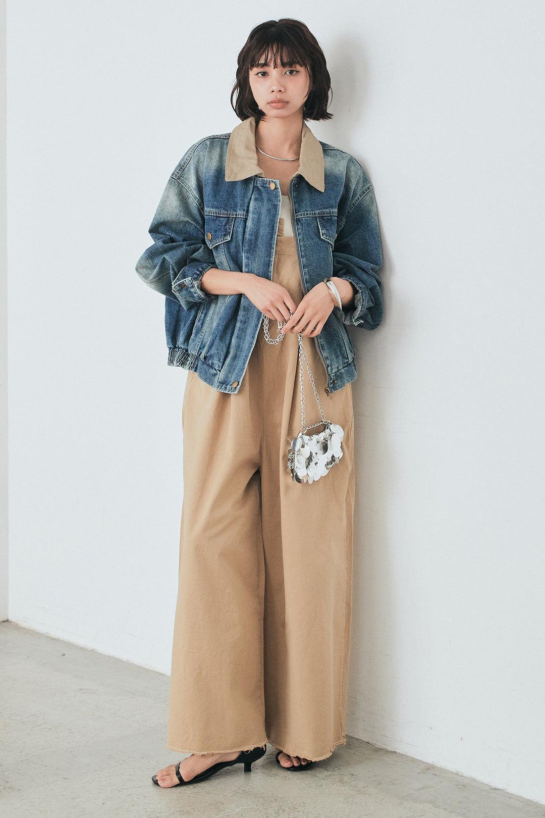 [SET]襟切り替えジップデニムジャケット+綿ツイルアシメサロペット(2set)