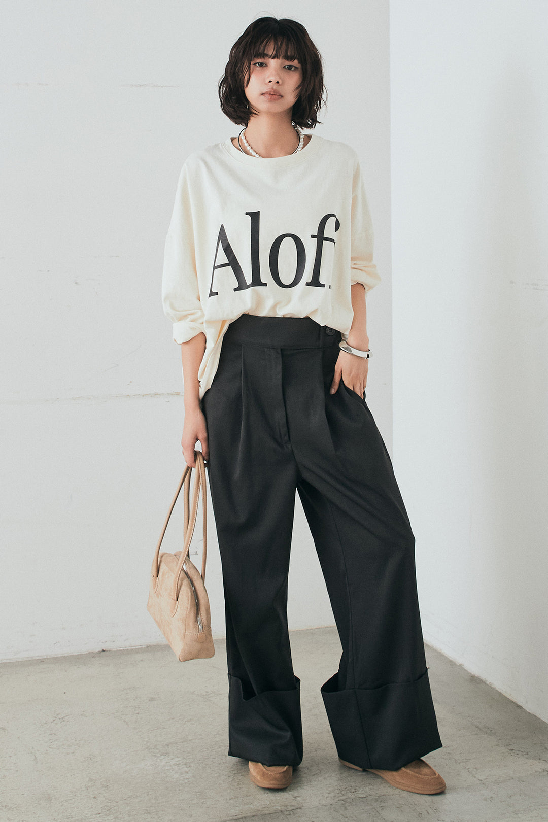 [SET]裾センタードロストロゴプリントワイドTシャツ+センタープレスセミワイドパンツ(2set)