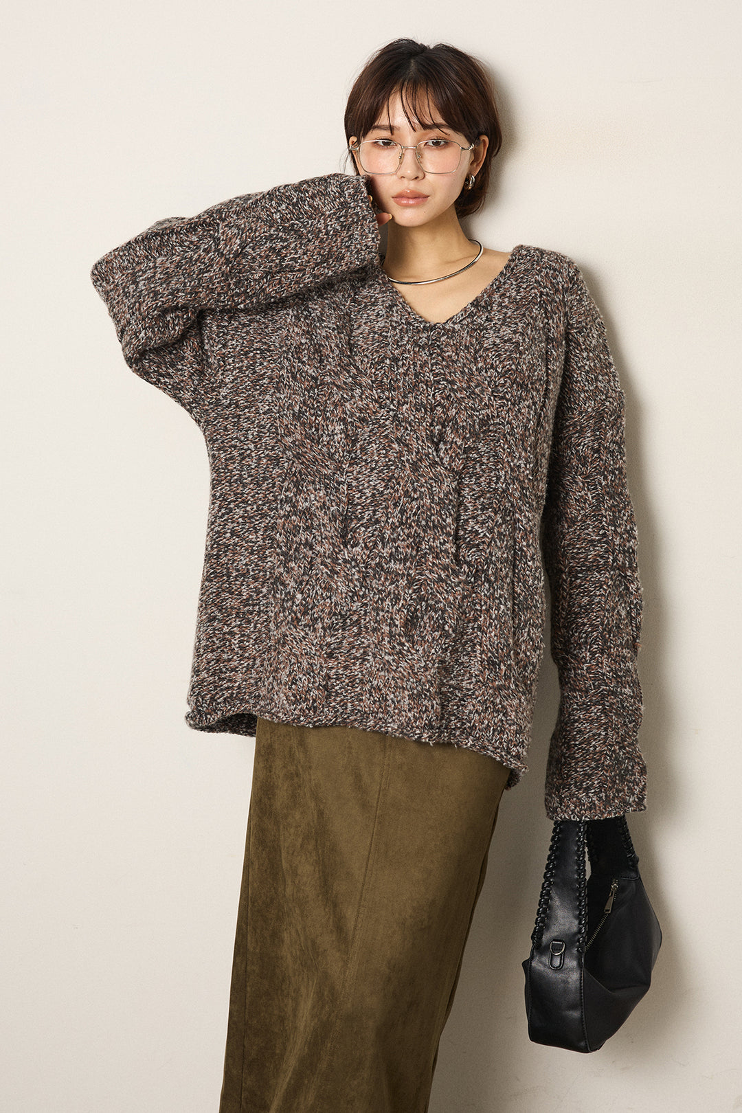 [SET]Vネックミックス編みニットトップス+スウェードライク裾フリンジスカート(2set)