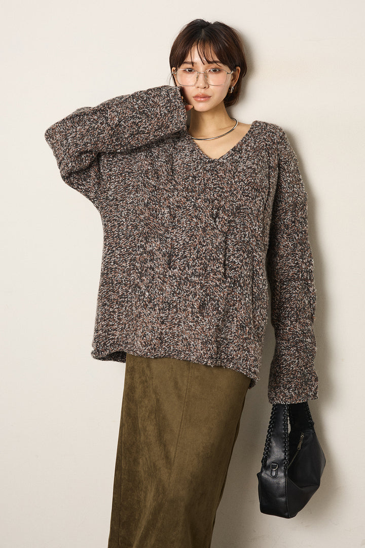 [SET]Vネックミックス編みニットトップス+スウェードライク裾フリンジスカート(2set)