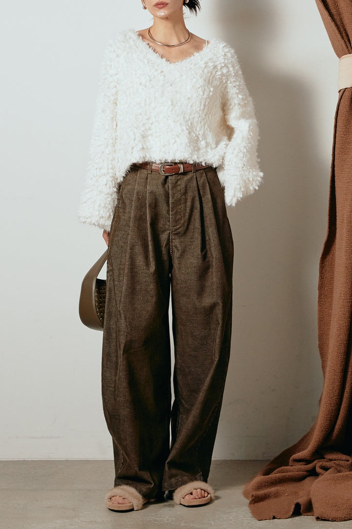 [SET]深Vネックチョウチョヤーンニットトップス+フロントタック入りコーデュロイパンツ(2set)