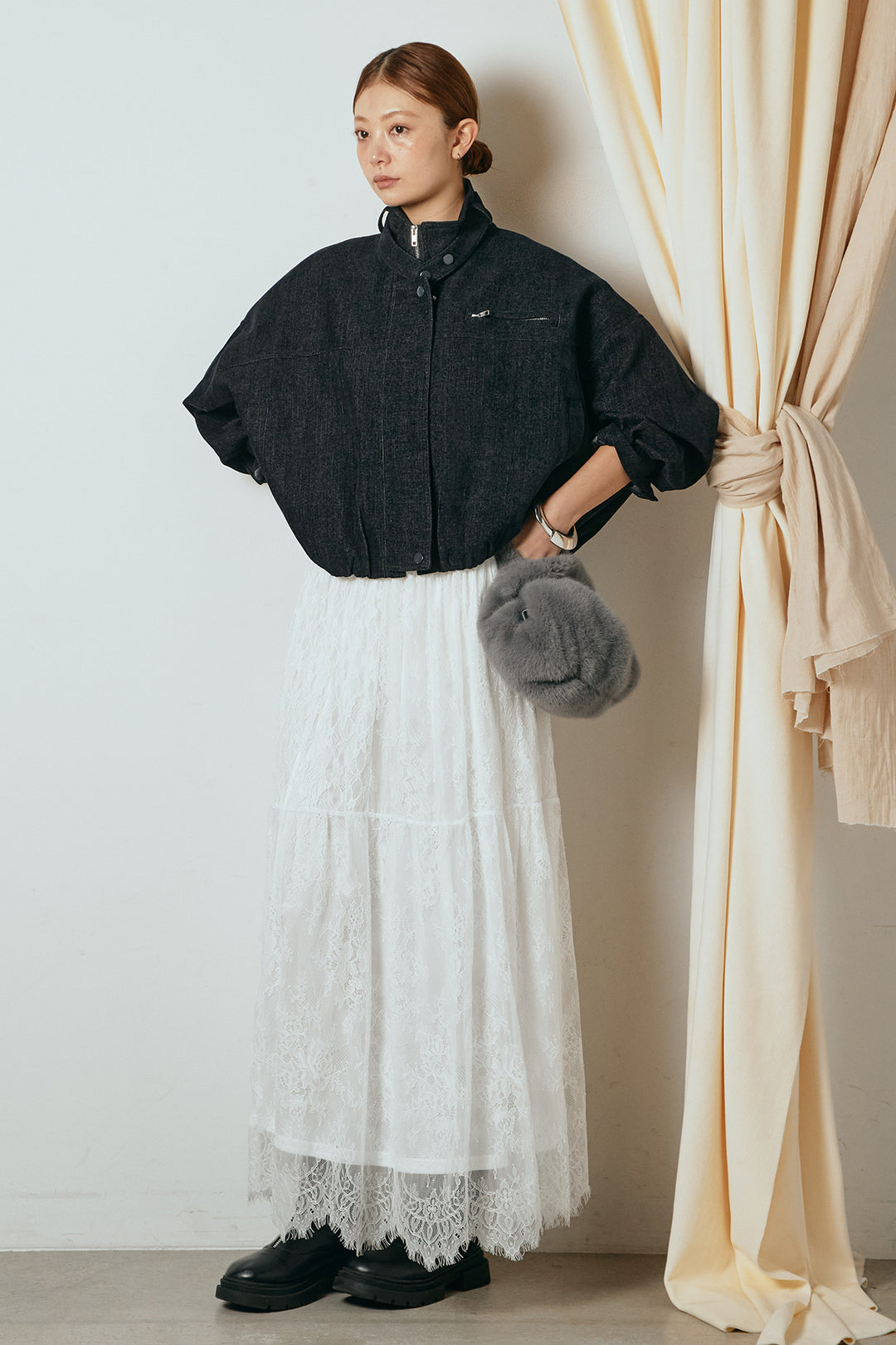 [SET]デニム調ハイネックブルゾン+ひげレース切替ロング丈スカート(2set)