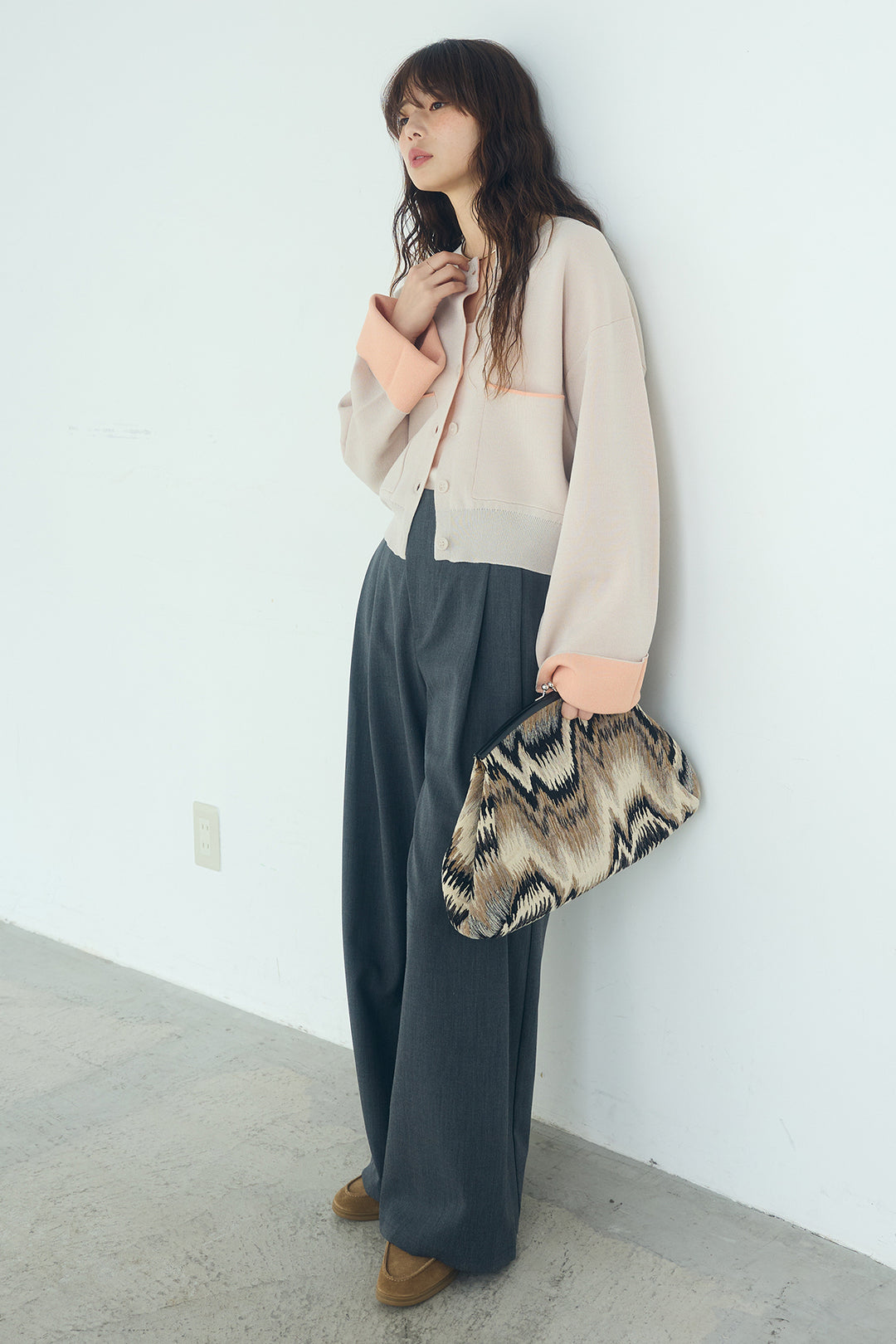 [SET]レーヨンポリダブルフェイスカーディガン+サイドベルトタック入りスラックス(2set)