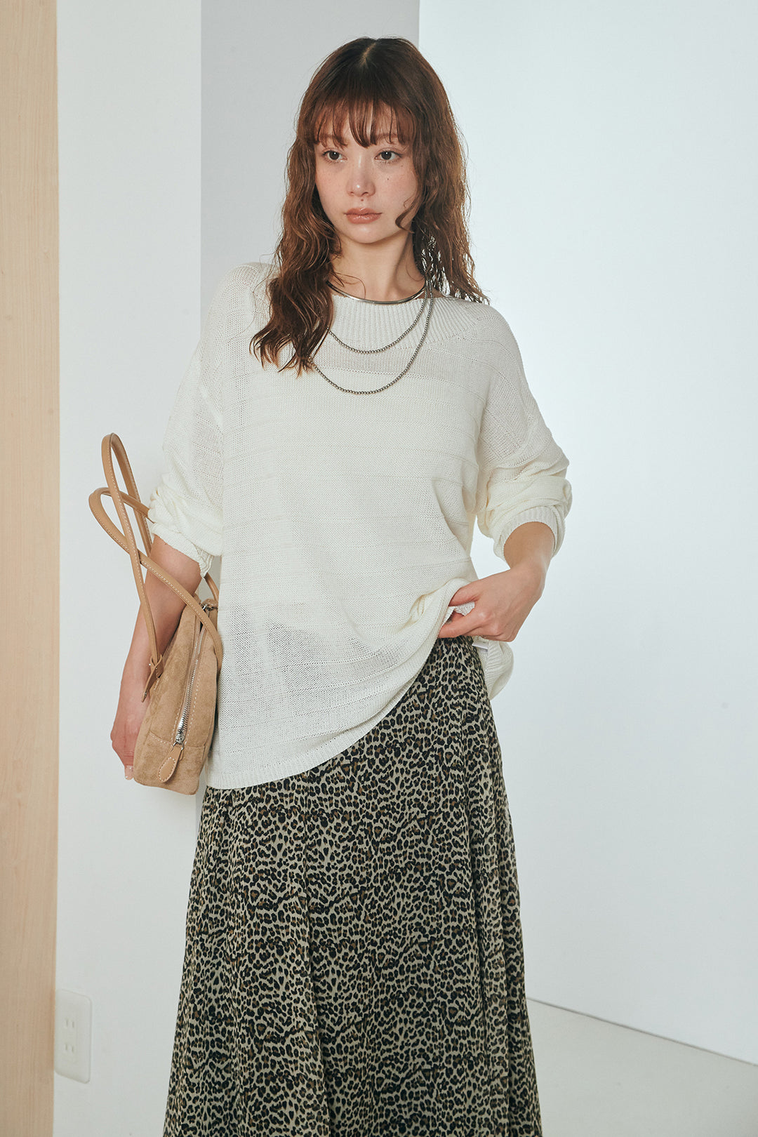 [SET]麻混リラックスニットトップス+リラックスレオパードロングスカート(2set)