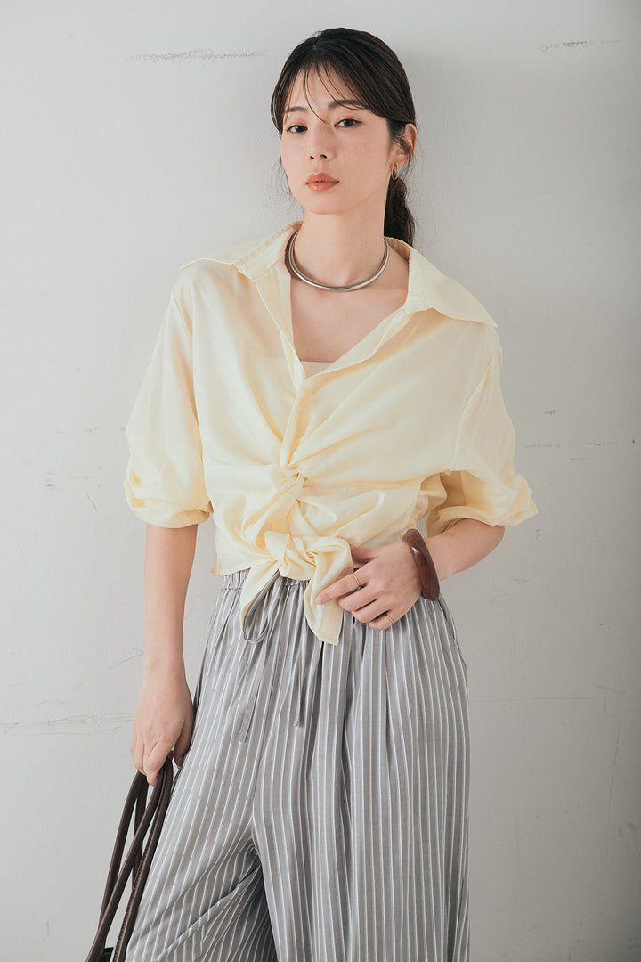 [SET]裾巻きツイストデザインシャツ+レーヨンストライプイージーワイドパンツ(2set)