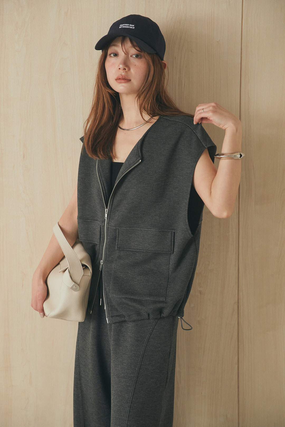 [SET]ボンディング生地ジップベスト+ボンディング生地コクーンパンツ(2set)